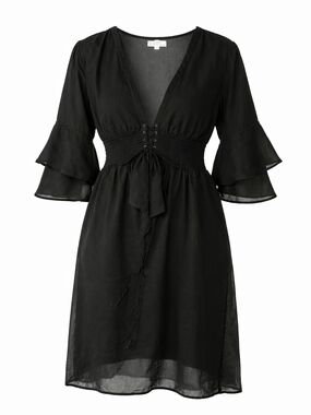 Black V-Neck Tie-Front Mini Dress with Tiered Sleeves